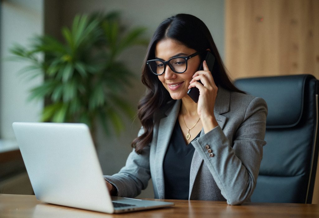 Attractive Businesswoman Working Desk With Laptop Phone 1024x701